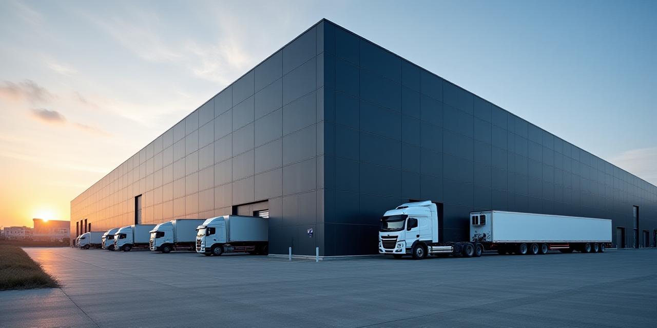 Modern logistics warehouse facility with docked trailers