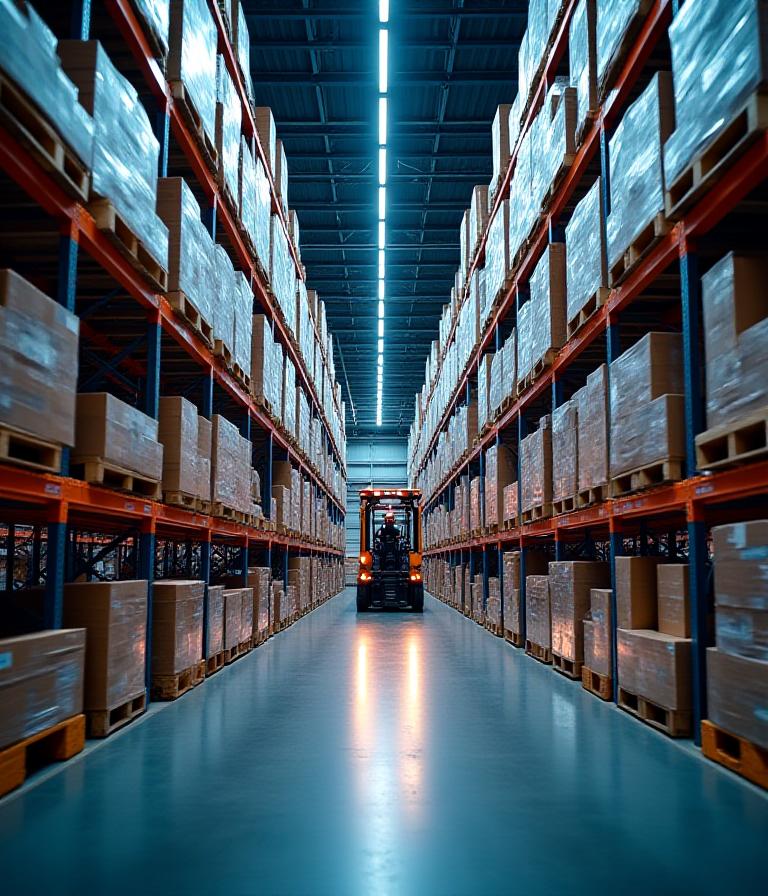 Organized warehouse racking and inventory management system in action
