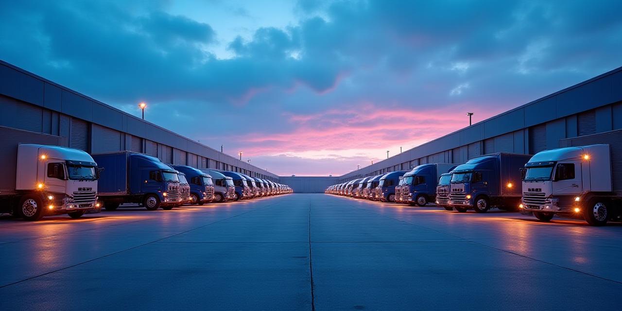 Modern logistics hub with fleet vehicles